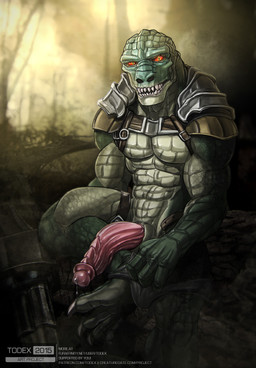 abs animal_genitalia armor belt bodily_fluids bottomwear bottomwear_down clothing flaccid forest genital_fluids genital_slit genitals glans gun looking_at_viewer male muscular muscular_male pecs penis plant precum ranged_weapon shoulder_guards solo straps teeth text tree weapon todex brute_force microsoft xbox_game_studios brutus_(brute_force) feral_(brute_force) lizardman reptile scalie 2015 hi_res url