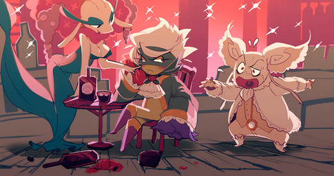 alcohol ambiguous_gender annoyed anthro ascot bar beverage blush bottle breasts cleavage clothed clothing coat container crossed_legs female flower footwear frown furniture group half-closed_eyes male narrowed_eyes open_mouth petticoat plant poking red_background red_eyes ring scarf shoes simple_background sitting smile standing surprised table topwear yelling hakkasm nintendo pokemon elemental_creature elemental_humanoid flora_fauna florges flower_creature flower_humanoid generation_4_pokemon generation_6_pokemon humanoid mega_audino mega_evolution plant_humanoid pokemon_(species) red_flower_florges roserade 2015