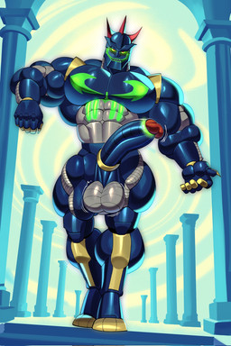 abs balls biceps erection genitals green_sclera looking_at_viewer machine male pecs penis red_eyes sharp_teeth solo standing teeth dymitr3 reboot megabyte_(reboot) computer_virus_(species) humanoid monster hi_res