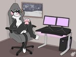 anthro black_body black_fur chair chest_tuft claws computer computer_monitor countershade_toes desk dipstick_tail electronics framed_picture fur furniture gaming_chair inside looking_at_viewer male markings multicolored_body multicolored_fur on_chair pawpads paws pink_inner_ear pink_nose pink_pawpads sitting sitting_on_chair smile solo table tail tail_markings tuft white_body white_fur sodacaps domestic_cat felid feline felis mammal 2024 absurd_res hi_res