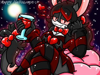 accessory anthro black_body black_hair bow_ribbon bow_tie breasts clothing container cup female furgonomics hair heart_symbol holidays legwear pink_eyes ribbons solo stockings tail tail_accessory tail_bow tail_ribbon lewdchuu halloween nintendo pokemon generation_5_pokemon pokemon_(species) serperior 4:3 hi_res