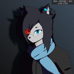 adam's_apple anthro black_clothing black_topwear blue_eyes blue_scarf clothed clothing dark_hair eye_through_hair eyebrows eyewear fur glasses glowing glowing_eyes gradient_background grey_body grey_fur hair hair_bun heterochromia long_hair looking_at_viewer male pupils red_eyes scarf shadow simple_background simple_eyebrows slit_pupils solo sweater topwear translucent translucent_hair wearing_glasses mr.depressed_giraffe lukken_collins canid canine canis domestic_cat felid feline felis hybrid mammal wolf 1:1 hi_res shaded soft_shading watermark