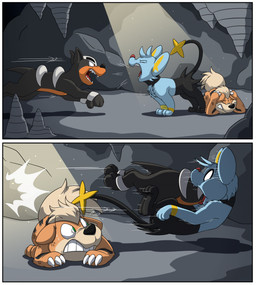 accidental_vore black_body cave feral fur green_eyes group inside oral_vore orange_body orange_fur vore dweet-tea nintendo pokemon generation_1_pokemon generation_2_pokemon generation_4_pokemon growlithe houndour pokemon_(species) shinx 2024 comic hi_res