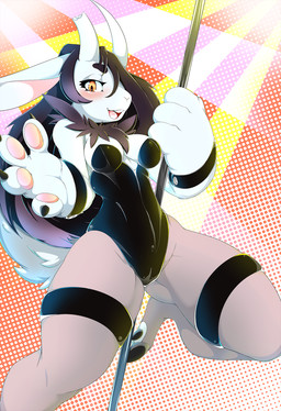 anthro big_hands blush breasts broken_horn clothing dancing female horn legwear leotard pole pole_dancing solo stockings traciarts lagomorph mammal hi_res