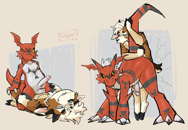 anal anal_penetration anthro anthro_on_anthro anthro_penetrated anthro_penetrating anthro_penetrating_anthro black_horn brown_body brown_fur claws cloven_hooves cowgirl_position duo fin from_front_position fur genitals hair head_fin hooves horn humanoid_genitalia humanoid_penis interspecies male male/male on_bottom on_top penetration penile penile_penetration penis penis_in_ass pinned pinned_to_wall power_bottom red_body red_scales scales sex tail tail_grab white_hair kapri bandai_namco digimon bovid caprine digimon_(species) goat growlmon guilmon mammal reptile scalie hi_res
