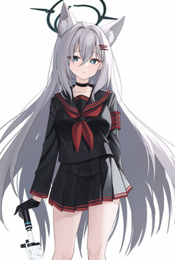 accessory animal_ears armband asian_clothing assault_rifle bare_legs black_bottomwear black_clothing black_gloves black_handwear black_serafuku black_skirt bottomwear choker clothing collarbone cosplay ear_piercing ear_ring east_asian_clothing female fluffy_ears gloves grey_hair gun hair hair_accessory hair_between_eyes halo handwear japanese_clothing japanese_school_uniform jewelry long_hair multi_ear necklace piercing ranged_weapon red_armband rifle ring_piercing school_uniform serafuku simple_background skirt uniform weapon white_background hibikiarimasu blue_archive nexon nakamasa_ichika shiroko_(terror)_(blue_archive) animal_humanoid canid canid_humanoid canine canine_humanoid humanoid mammal mammal_humanoid wolf_humanoid absurd_res hi_res