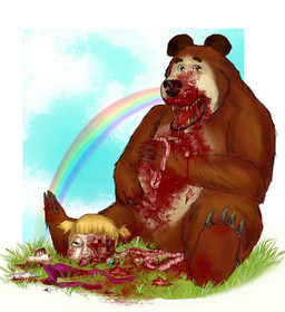 anthro blood bodily_fluids brown_body brown_eyes brown_fur censored_face corpse death duo eyeball female fur gore green_eyes guts intestines killing male open_mouth organs rainbow severed_body_part severed_head sitting teeth nekromamtik masha_and_the_bear bear_(masha_and_the_bear) masha_(masha_and_the_bear) bear brown_bear human mammal ursine 2024 hi_res