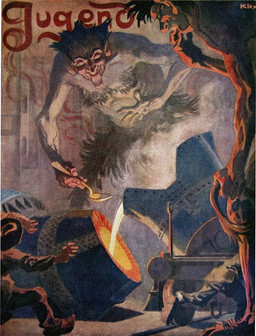 ambiguous_gender art_nouveau black_body black_fur black_hair crucible_(object) cutlery foundry fur furnace furry_legs grey_body grey_skin group hair holding_spoon horn industrial_architecture inside kitchen_utensils molten_metal pointy_ears spoon standing text tongue tongue_out tools trio wearing_hat heinrich_kley demon human humanoid mammal 20th_century ancient_art artist_name cover german_text magazine_cover signature traditional_media_(artwork) translated
