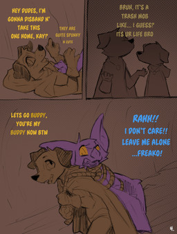 ambiguous_gender anthro blue_text bound cloak clothed clothing comic_panel dialogue faceless_character gloves group handwear resisting rope simple_background text yellow_text conditional_dnp dacad tyler_(dacad) zipper_(dacad) bat canid canine mammal comic hi_res