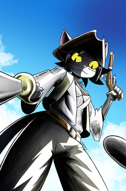 anthro belt black_body black_fur black_hair blue_sky bottomwear clothed clothed_anthro clothed_female clothing cloud cutlass female female_anthro flintlock flintlock_pistol fur hair looking_at_viewer melee_weapon pants pirate pirate_hat shirt sky solo sword topwear weapon yellow_eyes gatonejo mono_(gatonejo) domestic_cat felid feline felis mammal 2026 digital_drawing_(artwork) digital_media_(artwork) hi_res signature