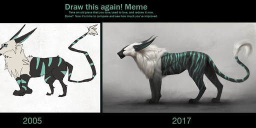 ambiguous_gender black_nose comparison feral fur paws simple_background solo striped_body striped_fur stripes text white_body white_fur jademerien hybrid 2005 2017 absurd_res digital_media_(artwork) english_text hi_res meme