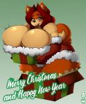 anthro big_breasts box breasts cleavage clothed clothing container female gift holidays huge_breasts looking_at_viewer mature_anthro mature_female self_in_a_box solo text thick_thighs tits_in_a_box superix christmas mama_maria canid canine canis domestic_dog mammal absurd_res hi_res