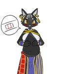 4_fingers anthro big_breasts black_body black_fur blue_clothing blush blush_lines bottomwear bracelet breasts cheek_tuft clothed clothing dress ear_piercing egyptian egyptian_clothing facial_markings facial_tuft female fingers forehead_markings fur gold_clothing hand_on_belly head_markings inner_boob jewelry kemono markings multicolored_clothing navel piercing pregnancy_test pregnant pregnant_anthro pregnant_female red_clothing side_boob side_slit side_slit_dress simple_background sling_bra solo topwear tuft under_boob underwear white_background white_markings yellow_eyes pizademokttero tarahe domestic_cat felid feline felis mammal 2023 4:5 absurd_res hi_res