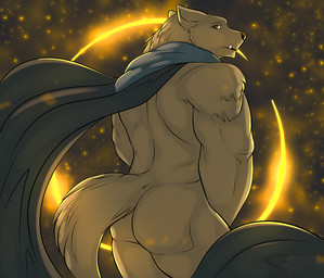 anthro biped black_nose brown_eyes butt cloak cloak_only clothing cute_fangs ears_back fangs fluffy fluffy_tail fur grey_body grey_fur looking_at_viewer male mostly_nude_anthro mostly_nude_male muscular muscular_anthro muscular_male pivoted_ears raised_tail rear_view sad solo standing tail teeth ben300 elden_ring fromsoftware blaidd_(elden_ring) canid canine canis mammal wolf 2022 hi_res portrait three-quarter_portrait