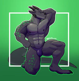 abs anthro biceps black_body black_horn black_spikes bulge clothed clothing facial_horn facial_spikes flexing flexing_bicep front_view green_background green_body green_eyes green_scales head_horn horn jaw_spikes kissing_biceps kneeling long_tail male muscular muscular_anthro muscular_arms muscular_male muscular_thighs nipples nose_horn pecs posing_for_the_viewer purple_clothing purple_underwear scales simple_background solo spikes spikes_(anatomy) tail text underwear underwear_only veiny_hands ghosty_cult mythology grillbert_(grillbertdaderg) dragon mythological_creature mythological_scalie scalie wingless_dragon 2024 digital_media_(artwork) full-length_portrait hi_res portrait url