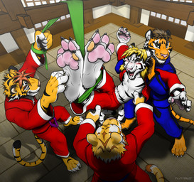 anthro barefoot blonde_hair blush bodily_fluids bound brown_hair claws dipstick_tail dirty dirty_feet dojo feet feet_together foot_fetish foot_focus fur group hair keikogi laugh legs_tied lifted male markings martial_arts_uniform multicolored_body multicolored_fur multicolored_pawpads orange_hair pawpads pink_nose restrained soles sportswear striped_markings stripes tail tail_markings tears tickling tickling_feet foot-paws ryan_(foot-paws) zack_(foot-paws) felid mammal pantherine tiger 2015 hi_res