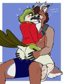 anthro anthro_on_anthro anus aroused blush bodily_fluids boots bottomless bottomless_female bottomwear bulge butt butt_grab caption clothed clothing duo erection erection_under_clothing female female_on_top footwear formal_wear fur genital_fluids genitals hand_on_butt heart_symbol interspecies male male/female marching_band marching_band_uniform on_lap on_top praise praise_kink shoes shorts sitting_on_lap tail topless topless_male uniform vaginal_fluids vulva white_body white_fur fish_birb sarah_(fish_birb) seb_(viero) apodiform avian bird deer hummingbird mammal absurd_res hi_res