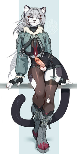 5_fingers alternate_species anthro balls biped black_tail bottomwear claws clothed clothed_anthro clothed_male clothing erection finger_claws fingerless_gloves fingers footwear front_view fully_clothed fully_clothed_anthro fully_clothed_male fur genitals gloves grey_eyes grey_hair hair handwear inner_ear_fluff jacket legwear looking_at_viewer male open_clothing open_jacket open_topwear pants penis shoes simple_background smile solo tail teeth topwear torn_clothing torn_legwear tuft white_body white_fur basilllisk mihoyo zenless_zone_zero jane_doe_(zenless_zone_zero) felid feline mammal 2025 absurd_res digital_media_(artwork) hi_res