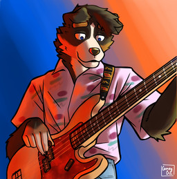 anthro bass_guitar blue_eyes bottomwear brown_body brown_fur clothed clothed_anthro clothed_male clothing countershade_face countershading fur gradient_background guitar male male_anthro multicolored_body multicolored_fur musical_instrument pants playing_guitar playing_music plucked_string_instrument shirt simple_background solo string_instrument topwear two_tone_body two_tone_fur white_body white_countershading white_fur ambrecream bernese_mountain_dog canid canine canis domestic_dog mammal molosser mountain_dog swiss_mountain_dog 2020 digital_drawing_(artwork) digital_media_(artwork) hi_res signature