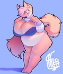 anthro barefoot big_breasts blue_eyes bottomless bra breasts brown_body brown_fur chest_tuft claws clothed clothing feet female fur hair looking_at_viewer navel open_mouth overweight paws pink_hair raised_clothing raised_topwear simple_background smile solo standing sweater tan_body tan_fur teeth thick_thighs topwear tuft underwear wide_hips alwaysfaceleft mammal absurd_res hi_res