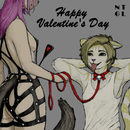 anthro arm_markings bdsm bell bell_collar black_leather black_nose blonde_hair blue_eyes bow_collar breasts brown_tail butt clothing collar dominant dominant_female duo ear_markings ears_down eyebrows facial_markings fangs female front_view fur hair hands_behind_head head_markings heart_symbol holding_leash holding_object holding_whip holidays inner_ear_fluff kneeling leash leather leather_clothing leather_strap long_hair looking_at_another looking_at_partner male male/female markings messy_hair multicolored_body multicolored_fur multicolored_hair multicolored_tail neck_markings open_mouth petplay pink_hair pink_tongue pivoted_ears purple_hair purple_nose rear_view roleplay shirt short_hair side_boob simple_background skinny smile standing straps tail tail_markings tank_top teeth text thin_tail three-quarter_view tongue tongue_out topwear tuft whip white_body white_clothing white_fur white_shirt white_tail white_tank_top white_topwear yellow_markings yellow_tail nightingale_hrt valentine's_day jonathan_(nightingale_hrt) katherine_(nightingale_hrt) colorpoint domestic_cat felid feline felis mammal oriental_shorthair siamese_cat 1:1 absurd_res hi_res