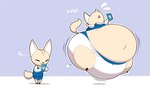 2023 aggretsuko air_puff anthro before_and_after belly big_belly biped black_emanata black_eyes black_nose blue_background blue_bottomwear blue_cellphone blue_clothing blue_skirt blue_smartphone blue_topwear blue_vest bodily_fluids bottomwear bow_panties bow_underwear breasts brown_clothing brown_footwear brown_shoes canid canine cellphone clothed clothed_anthro clothed_female clothing colored digital_drawing_(artwork) digital_media_(artwork) electronics ellipsis english_text eyes_always_closed eyes_closed feet female female_anthro fennec_fox fenneko floating floor fluffy fluffy_tail flying_sweatdrops footwear fox fox_tail front_view full-length_portrait fur hi_res holding_cellphone holding_object holding_phone holding_smartphone huge_belly hyper_pear inflation laugh maddeku mammal monobutt_may office_lady panties pear-shaped_figure phone portrait prick_ears red_mouth sanrio shadow shoes simple_background skirt small_breasts small_feet smartphone solo standing sweat sweatdrop tail tan_body tan_ears tan_fur tan_tail text thick_thighs three-quarter_view tight_clothing topwear true_fox underwear vest white_clothing white_dress_shirt white_emanata white_panties white_text white_underwear wide_hips