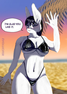 alternative_fashion anthro beach breasts cleavage clothed clothing exposure_variation female front_view goth latex latex_clothing navel solo swimwear text under_boob white_body evolucifer hare lagomorph leporid mammal english_text hi_res