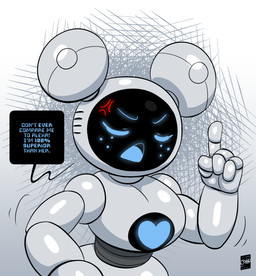 angry arms_bent black_speech_bubble blue_eyes blue_text breasts chest_markings cross-popping_vein eyes_closed female freckles front_view gesture glistening glistening_body hand_gesture heart_(marking) heart_symbol machine markings number open_mouth percentage pointing pointing_up polygonal_speech_bubble raised_finger raised_hand raised_index_finger small_waist solo speech_bubble text white_body joaoppereiraus nippon_3000_police_department b.a.b.s. humanoid robot 2021 absurd_res digital_media_(artwork) english_text hi_res