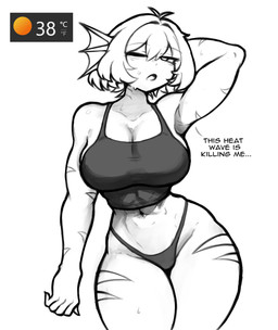 anthro armpit_showing athletic athletic_female big_breasts bodily_fluids bottomwear breasts cleavage clothed clothing crop_top dialogue ear_fins eyebrow_through_hair eyebrows female fin gills hair hand_behind_head looking_at_viewer navel one_eye_closed shirt skindentation solo stripes sweat text thick_thighs thong topwear translucent translucent_hair underwear white_body white_hair wide_hips voidsenight aquatic fish absurd_res digital_drawing_(artwork) digital_media_(artwork) english_text hi_res monochrome