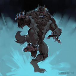 4_toes 5_fingers action_pose anthro blue_background brown_body brown_fur claws digitigrade ear_piercing ear_ring feet finger_claws fingerpads fingers fur gold_ring looking_at_viewer male nude_anthro nude_male on_one_leg pawpads piercing pink_pawpads pose red_sclera ring_piercing simple_background smile smiling_at_viewer solo standing tail text toe_claws toes tusks white_claws simargl_(artist) canid canine canis mammal wolf 1:1 2024 artist_name digital_drawing_(artwork) digital_media_(artwork) hi_res