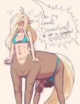 abs ahoge animal_ears animal_genitalia animal_penis ball_bra balls big_balls big_penis blonde_hair blue_bra blue_clothing blue_sports_bra blue_underwear blush bodily_fluids bra breasts bright_pupils brown_background brown_body brown_fur clothing embarrassed equine_genitalia equine_penis erection female fist flying_sweatdrops fur genitals gynomorph hair horse_ears horse_tail intersex long_hair monster_girl_(genre) non-web_source penis pupils simple_background solo speech_bubble sports_bra sweat sweatdrop tail text underwear white_eyes white_pupils gaikiken third-party_edit european_mythology greek_mythology mythology centaur equid equid_taur equine equine_taur humanoid_taur mammal mammal_taur taur censor_removal_edit english_text hi_res source_request