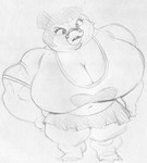 3_toes anthro beak big_breasts bottomwear breasts cleavage clothed clothing eyelashes eyewear feet female glasses hair hair_bun huge_breasts navel open_mouth skirt solo toes sbshouseofpancakes disney ducktales ducktales_(2017) bentina_beakley anatid anseriform avian bird duck 2019 monochrome sketch traditional_media_(artwork)