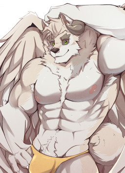 abs anthro armpit_hair biceps big_muscles big_pecs biped black_sclera body_hair clothing curled_tail digitigrade dumbbell exercise fur horn male mane muscular muscular_anthro muscular_male navel neck_tuft nipples pecs pubes solo swimwear tail tan_body tan_fur tuft weights wings kuplukkrim vann_(felwinn) canid canine canis chimera domestic_dog husky mammal nordic_sled_dog spitz hi_res