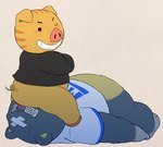 anthro belly clothing duo facesitting kemono lying male one_eye_closed overweight overweight_male shirt simple_background sitting sitting_on_another spiral_eyes topwear wink hisashino animal_crossing nintendo curt_(animal_crossing) kevin_(animal_crossing) bear domestic_pig mammal suid suine sus_(pig) 2021