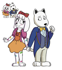 accessory anthro black_nose clothed clothing duo female fur good_(yomiuriland) hand_holding land_dog lucky_(yomiuriland) male male/female white_body white_fur turbojuk canid canine mammal hi_res