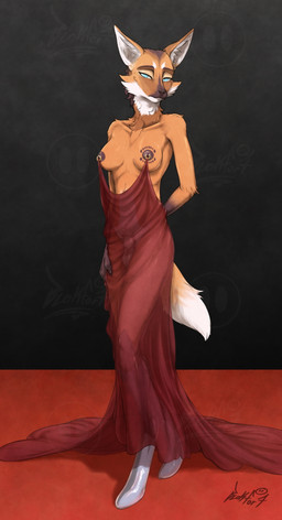 amputee animal_genitalia anthro balls blue_eyes breasts brown_body brown_fur brown_markings clothing disability dress fur genitals gynomorph intersex linked_nipples linked_piercing looking_at_viewer markings nipple_piercing nipples no_pupils piercing prosthetic sheath simple_background solo standing blokfort nipple_piercing_dress canid canine mammal maned_wolf 2026 hi_res