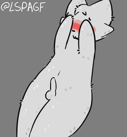 anthro balls blush covering covering_face fur genitals male penis shy solo white_body white_fur lspagf boy_kisser_(meme) felid feline mammal absurd_res hi_res meme