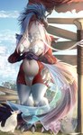 anthro anthro_focus big_breasts breasts camel_toe claws clothed clothing countershading digitigrade feathers female female_focus feral legwear navel non-mammal_breasts non-mammal_navel nude red_body solo_focus stockings tail text thick_thighs toe_claws white_body white_countershading iris-icecry capcom monster_hunter bird_wyvern dinosaur prehistoric_species reptile scalie seikret theropod absurd_res artist_name hi_res