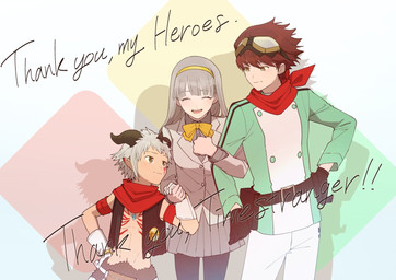 belt brown_body brown_fur clothing eyewear eyewear_on_head female fur goggles goggles_on_head group hair horn humanoid_pointy_ears male male_human pointy_ears scarf school_uniform smile trio uniform white_hair limit_deji bandai_namco digimon digimon_story:_time_stranger dan_yuki_(digimon) inori_misono_(digimon) aegiomon digimon_(species) horned_humanoid human humanoid mammal satyr