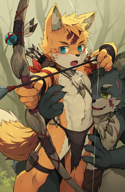 abs age_difference anthro arrow_(weapon) athletic athletic_male blue_eyes bottomwear bow_(weapon) chest_tuft clothing countershading duo fur holding_object holding_weapon kemono loincloth male muscular muscular_young older_male quiver_(object) ranged_weapon shota torso_grab tribal tuft weapon white_body white_fur yellow_body yellow_fur young young_anthro young_male younger_male daikung canid canine fox mammal 2025 absurd_res hi_res