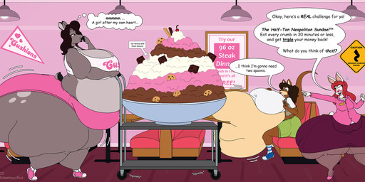 anthro belly big_belly big_breasts big_butt booth booth_seating bottomwear bowl breasts brown_body brown_fur brown_hair butt cherry clothing container cookie dessert female food footwear fruit fur furniture green_eyes grey_body grey_fur group hair high_heels huge_belly huge_breasts huge_butt huge_thighs hyper hyper_butt hyper_thighs ice_cream leggings legwear male multicolored_body multicolored_fur obese obese_anthro obese_female overweight overweight_anthro overweight_female plant red_hair shirt shoes shorts skirt speech_bubble sundae table text thick_thighs thought_bubble topwear tray trio two_tone_body two_tone_fur white_body white_fur satsumalord donna_(satsumalord) eileen_(satsumalord) shelly_(bud9133) deer kangaroo lagomorph leporid macropod mammal marsupial rabbit 2025 digital_media_(artwork) english_text hi_res