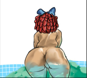 bow_ribbon butt butt_focus doll female glistening glistening_body hair partially_submerged pool poolside red_hair solo standing_in_water fagorio glitch_productions the_amazing_digital_circus ragatha_(tadc) hi_res