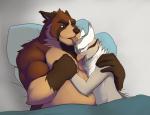 anthro anthro_on_anthro beak bed belly big_muscles cuddling duo furniture hand_holding licking male male/male musclegut muscular muscular_male on_bed open_beak open_mouth tongue tongue_out sabrotiger zangusuu shammy zangu avian bird canid canine canis domestic_dog mammal owl digital_media_(artwork) hi_res