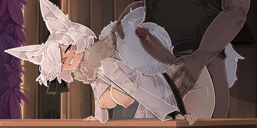 3_tails aio_(shuuko) anus bent_over big_breasts big_penis blush bottomwear breasts brown_body brown_skin clothed clothing clothing_lift coat duo female fingerless_gloves fluffy fluffy_tail fur fur_clothing genitals gloves hair handwear human_on_humanoid inner_ear_fluff inside interspecies male male/female multi_tail nipples pale_skin pantsless penis pointy_ears purple_eyes scar short_hair side_view skirt skirt_lift slim small_waist smile tail topwear tuft white_body white_fur white_hair shuuko pmc_promiscuity animal_humanoid canid canid_humanoid canine canine_humanoid fox fox_humanoid human humanoid mammal mammal_humanoid absurd_res hi_res