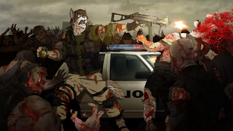 anthro blood bodily_fluids car clothing explosives fire gore grenade group gun horde male motor_vehicle police police_car police_vehicle ranged_weapon shot_in_head tail vehicle weapon kfutaba canid canine canis mammal undead wolf zombie wallpaper