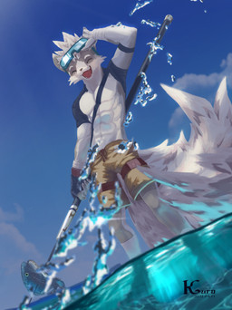 5_fingers abs ambiguous_gender anthro athletic athletic_anthro athletic_male blue_body blue_clothing blue_fingerless_gloves blue_gloves blue_handwear blue_sky blue_topwear bottomwear brown_bottomwear brown_clothing brown_shorts caustics clothed clothing cloud countershade_arms countershade_face countershade_fur countershade_hands countershade_legs countershade_neck countershade_torso countershading day duo eyebrows eyes_closed eyewear feral fingerless_gloves fingers fluffy fluffy_tail fur gloves goggles grey_body grey_fur hair handwear holding_goggles holding_melee_weapon holding_object holding_polearm holding_spear holding_weapon leg_wraps low-angle_view male melee_weapon multicolored_body multicolored_fur outside partially_submerged polearm red_tongue shorts shorts_only sky smile smiling_at_viewer snout solo_focus spear standing swimming_goggles tail teeth text tongue tongue_showing topless topless_anthro topless_male topwear two_tone_body two_tone_fur waterline_view weapon wearing_goggles white_body white_countershading white_eyebrows white_fur white_hair white_wraps worm's-eye_view wraps wrist_wraps kuromonsart aquatic fish mammal mustelid 2021 absurd_res artist_name colored dated digital_drawing_(artwork) digital_media_(artwork) english_text full-length_portrait hi_res portrait