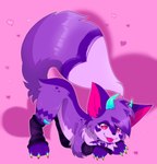 2024 ambiguous_gender arm_warmers armwear canid canine clothed clothed_feral clothing cute_fangs feral fluffy fluffy_tail fox fur heart_(marking) heart_symbol hi_res horn kemono kipaki leg_warmers legwear mammal markings pink_background pink_eyes purple_body purple_fur rainbow_claws simple_background solo sparkledog tail tongue tongue_out