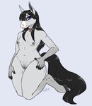 2024 anthro areola bangs biped black_hair black_tail blush breasts claire_(temetnosce88) collar collar_tag conditional_dnp digital_media_(artwork) equid equine eyebrows eyelashes female full-length_portrait fur genitals grey_areola grey_body grey_fur grey_nipples hair hand_on_hip hand_on_leg hand_on_own_hip hand_on_own_leg hand_on_own_thigh hand_on_thigh heart_collar_tag hi_res hooves horse kneeling long_hair mammal navel nipples pink_collar portrait puddingpaw pussy simple_background small_breasts solo tail thick_thighs
