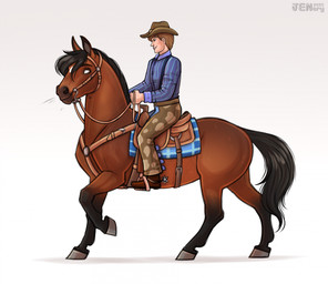 ambiguous_gender belt bit_gag black_hair black_mane black_tail bottomwear bridle brown_body brown_eyes clothing cowboy_hat duo eyebrows facial_markings feral gag girth hair hat head_markings headgear headwear hooves looking_at_another looking_back looking_down male mane markings pants raised_leg reins riding saddle saddle_pad shirt smile stirrups suspenders tail teeth text topwear jenery equid equine horse human mammal 2025 artist_name dated digital_media_(artwork) english_text hi_res watermark