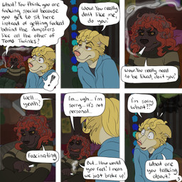 6_panel_comic anthro black_body black_sclera blonde_hair bottomwear brown_eyes cigarette clothed clothing dialogue duo exclamation_point fur hair holding_cigarette holding_object hoodie male page_number pants profanity red_hair shocked sitting smoking smoking_cigarette speech_bubble sweater text topwear yellow_body yellow_eyes yellow_fur kriek_wildebeest jeremy_(kriek_wildebeest) ravi_(kriek_wildebeest) border_collie canid canine canis collie domestic_dog herding_dog mammal pastoral_dog portuguese_water_dog sheepdog 1:1 comic english_text hi_res multiple_scenes
